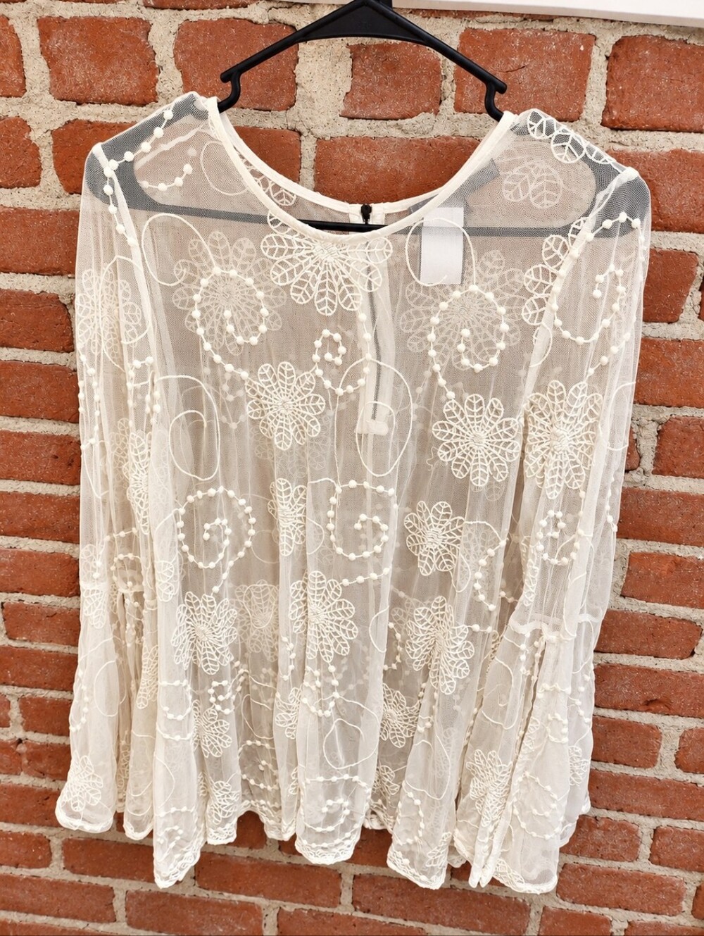 Love Stitch Ivory Sheer Embroidered Lace Blouse Size M Boho Romantic Fairy Top